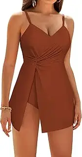 [GRACE KARIN] One Piece Swimsuit Women Swimsuit V-Neck A-Line Beachwear Removable Push Up Chest Pad, Dirty Orange, XL