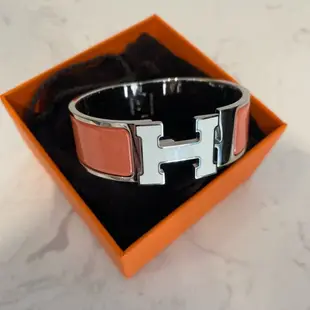 [二手] Hermès clic 中版 pm 橘色白H珐瑯手環銀色