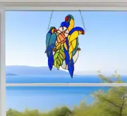 Tiffany Style Stained Glass Parrots Bird Suncatcher Window Panel 8x13in