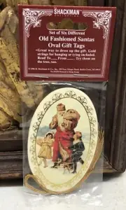 1986 Set of 6 Different Oval Santa Gift Tags W/ Gold String by B Shackman #50259