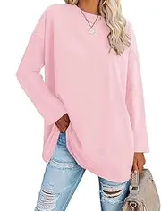 [ELFIN] Women's Long Sleeve Oversize Top Round Neck Plain Loose T-Shirt Printed Casual Jumper Tunic Tops