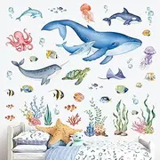 wondever Under The Sea Wall Stickers Ocean Fish Whale Seaweed Peel and Stick Wall Art Decals for Kids Bedroom Baby Nursery Bathroom