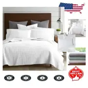 Reversible King Cotton Quilt Set with 2 Shams - Bright White Geometric Design