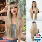Cemuto Ombre Blonde Synthetic Wig with Bangs Glueless Long Straight Layered W