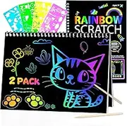 Scratch Art Paper for Kids,2 Pack Rainbow Scratch Off Arts Crafts Notebooks for Girls Boys Birthday Gifts Travel Christmas Party Favor,4 Painting Stencils 2 Bamboo styluses,Ages 3-12