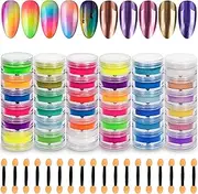 U-Shinein Pigment Nail Powder, Chrome Mirror Nail Powder Luminous Pearlescent Nail Powder Chameleon Acrylic Nail Powder Fluorescent Holographic Powder Nail Art DIY Manicure Powder Sticks (36 Colors 01)