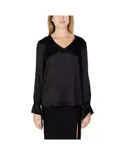 Sandro Ferrone VNeck Long Sleeve Blouse Ruffle Cuffs Women Black Shirts