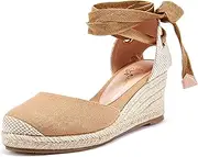 [Ruanyu] Womens Espadrille Platform Wedge Sandals Closed Toe Lace Up Slingback Sandals