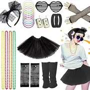 80s Fancy Dress Accessories Set, 1980s Party Costume Kit Rainbow Tutu Skirt Leg Warmers Fishnet Gloves Glasses Earrings Bracelet Necklace Headband, Retro Outfit for Women Dress up Day
