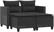 vidaXL Black Poly Rattan 2-Seater Garden Sofa Set with Stools and Cushions - Weather-Resistant Outdoor Lounge Furniture
