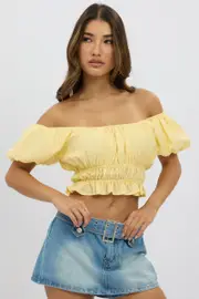 Yellow Ruffle Crop Top Puff Sleeve - Size 16XL, Women's Crop Top