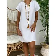 Women's Mini Dress Cotton Linen Dresses Casual Dress Basic Casual Vacation Daily Regular Fit Plain Short Sleeve Notched Neck Black White Yellow Army Green Summ
