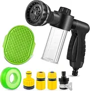 Dog Wash Attachment 8 Spray Pattern Nozzle With Bathing Brush and 3.5oz/100cc Soap Dispenser Bottle 3/4 In Standard Garden Hose for Pet Showering Car Washing Watering