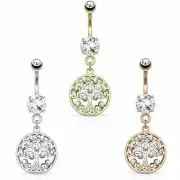Tree Of Life Dangle Round CZ Prong Set Surgical Steel Belly Button Rings