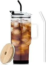 Glass Tumbler with Lid and Straws,40oz Large Capacity Glass Cup with Handle,Drinking Glasses with Silicone Coaster,Glass Water Cup,Smoothie Cup,Beer Cup,Ice Coffee Cup,Fits In Cup Holder