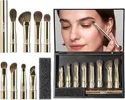 BEILI Travel Eye Makeup Brushes Set 8pcs Removable Double Sided Makeup Brush with Mirror Box & Removal Cleaner Sponge for Concealer Eyeshadow Contour Powder Blending Eyebrow Eyeliner Golden S101