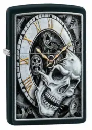 GENUINE ZIPPO WINDPROOF LIGHTER BLACK MATTE CLOCK SKULL (99379) GIFT BOXED !