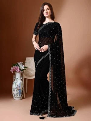 Sari Blouse Bollywood Black Sari Indian Chiffon Saree Designer Wedding Sarees