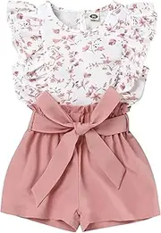 [Oklady] Toddler Girl Outfits 2Pcs Ruffle Floral Print T-Shirt Vest Tops and Shorts Pants Clothes Sets