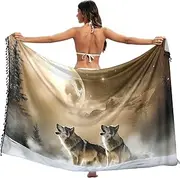 [XYMZR] Women's Sarong Swimsuit Coverups Wolf Retro Moon Chiffon Bikini Wraps Skirt with Tassels L