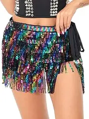 [Maeau] Women's Hip Scarf Fringe Sequins Hip Scarves Belly Dance Waist Belt Sequins Colourful Dance Skirts for Dance Performance Parties