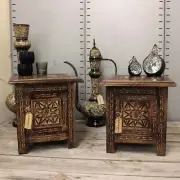 Rupicola Set of 2 Small Square Side End Tables Moroccan Style Carving Storage