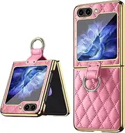 [JOJOBE] Prismatic Plaid Style Phone case for Samsung Galaxy Z FLIP 5 5G Case, Vogue PU Leather Cover for Samsung Galaxy Z FLIP5 Leather Case with Tempered Glass Outer Screen Full Protective Pink