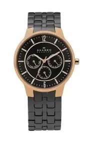 NEW-SKAGEN DENMARK GUNMETAL TONE BAND+ROSE GOLD DIAL+CHRONO WATCH 331XLRXM