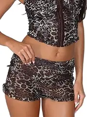 [AGECODE] Women's Ruched Mesh Ruffle Trim Layered Low Waisted Summer Shorts, Leopard, Large