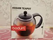 Assam Teapot by Bodum #1842, 17oz. Black Handle & Lid, Plastic Strainer NIB