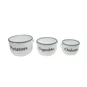 3pc Set White Enamel Produce Storage Bucket Metal Vegetable Bin Farmhouse Decor