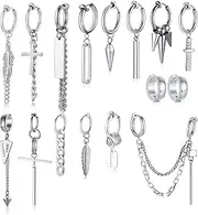 [VNOX] 16 Pieces Hoop Dangle Clip On Earrings/Non Piercing Stainless Steel Hinged Earrings Long Chain Dangle Earrings for Men Women