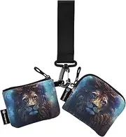 [XYMZR] Lion Head Galaxy Mini Zip Around Wristlet keychain Wallet for Women Personalized Pattern Detachable Dual Pouch Wristlet Portable Wallet Phone Coin Purse, Multi-colored, One Size