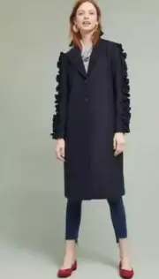 61. NWT ANTHROPOLOGIE Ruffled Sleeve Coat M $168 Navy THE FIFTH LABEL Jacket