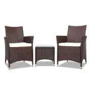 3 Piece Gardeon Outdoor Bistro Set Lounge Setting Patio Furniture Table and Chairs Wicker Brown