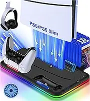 Enhance RGB LED PS5 Stand and Cooling Station with Dual Controller Charging, 3-Level Adjustable PS5 Cooling Station for PS5/PS5 Slim, PS5 Accessories PS5 Cooler with Headset Holder and Storage Slots