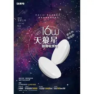 【SAMPO 聲寶】LX-PG161E天狼星 超薄LED吸頂燈16W晝光色(全電壓 無藍光 CNS檢驗)