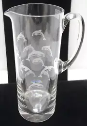 ROLF GLASS COCKTAIL PITCHER ETCHED DOLPHINS BARWARE MADE IN USA BAR MARTINI NEW