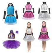 Kids Girls Sparkly Modern Dance Costume Outfit Sequins Crop Top Mesh Tutu Dress