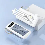 White 10000mAh Solar Power Bank Portable Charger Built-in Cables LED Display Universal