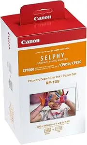 Canon RP-108 Color Ink and Paper Pack, Postcard Size 6x4in (148x100mm) Compatible with Selphy CP1500/CP910/CP820/CP1000/CP1200/CP1300