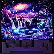 Lahasbja Blacklight Galaxy Tapestry Trippy Planet Tapestry UV Reactive Waterfall Landscape Tapestry Tapestry Mysterious Neon Mushroom Plants Wall Hanging Room L/78.7''x59.1''