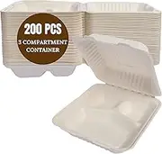 200 Pack 8x8 Inch 3 Compartment Sugarcane Takeaway Food Containers - 100% Compostable Biodegradable Clamshell Perfect for Burgers, Sandwiches, Fish, Chips, Salad, Chicken & Ribs Bulk