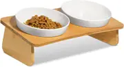 Raised Cat Bowl with Bamboo Stand, Elevated Pet Feeder, 2 Melamine Bowls, White