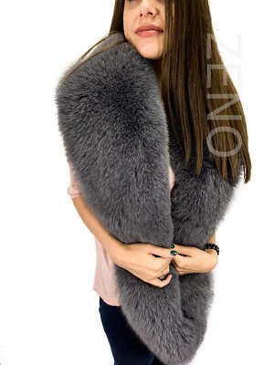 Finn Fox Fur Stole 70' (180cm) Dark Gray Color Saga Furs Scarf Collar Fur Shawl