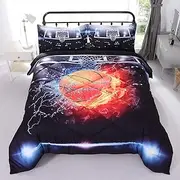 [Wowelife] Basketball Comforter Set Queen 5 Pieces Basketball Bedding Set Sports Kids Bedding Set Bed in a Bag for Boys with Comforter, Flat Sheet, Fitted Sheet and 2 Pillowcases, Red Black