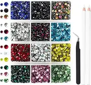 OUTUXED 5400pcs Multicolor Rhinestones 12 Mixed Color Hotfix Rhinestones Flatback Gemstones and Crystals for Halloween Costume Accessories, Crafts with Tweezers and 2 Picking Pens