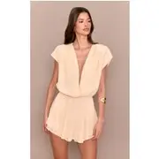 Almond Chiffon Extreme Plunge Neck Floaty Playsuit, Almond