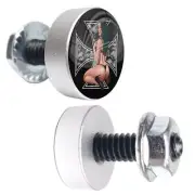 2 Silver Billet Cycle License Plate Frame Tag Bolts - Pin Up Girl Skull Cross