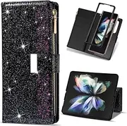 [Ysnzaq] Wallet Case for Samsung Galaxy Z Fold 6 7.6" for Women, PU Leather Luxury Glitter Bling Shiny Shockproof Cover with Card Slots Case for Samsung Galaxy Z Fold6.SF Black